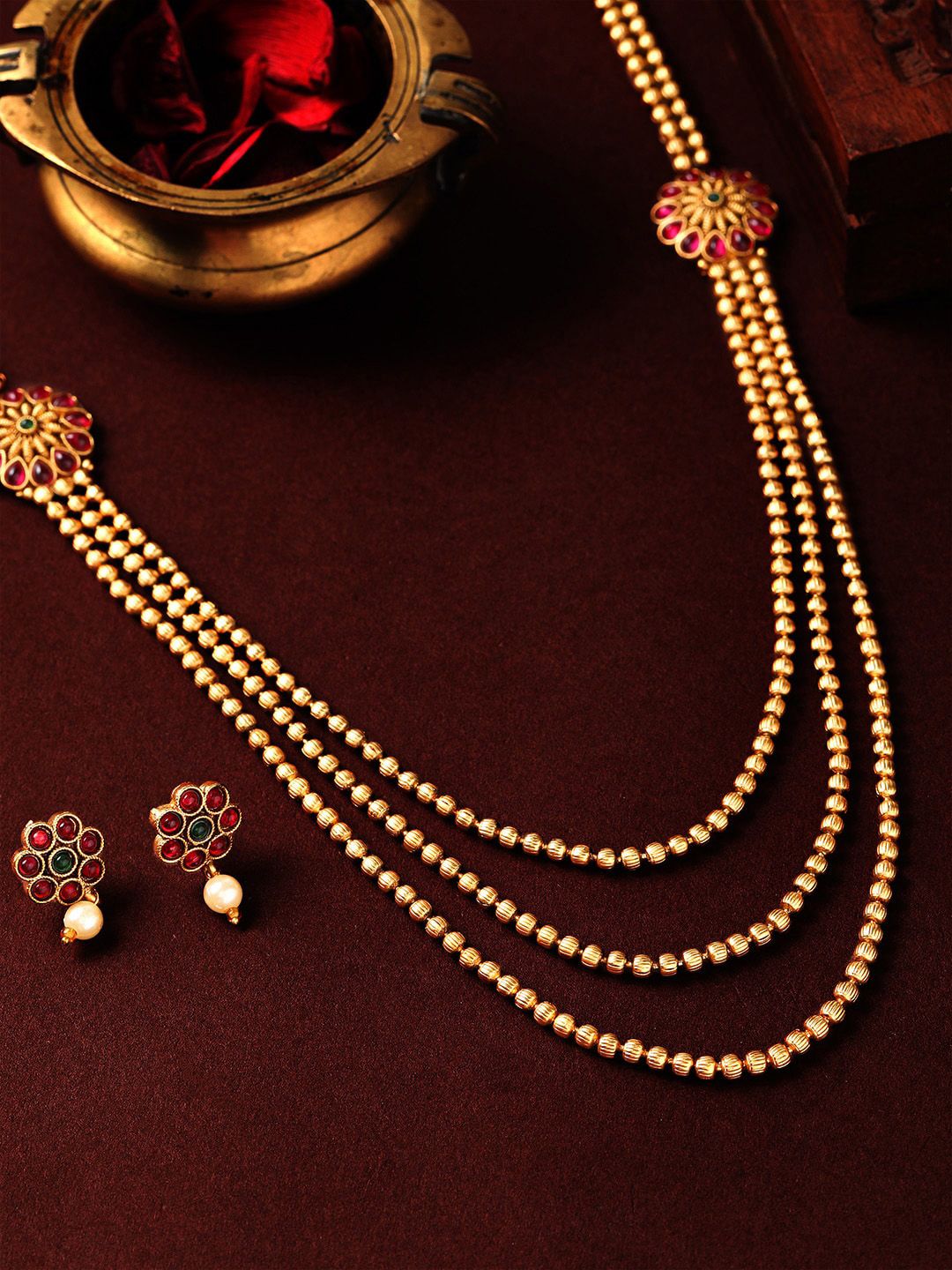 Rubans Gold-Plated & Ruby Stone Studded Handcrafted Layered Jewellery Set