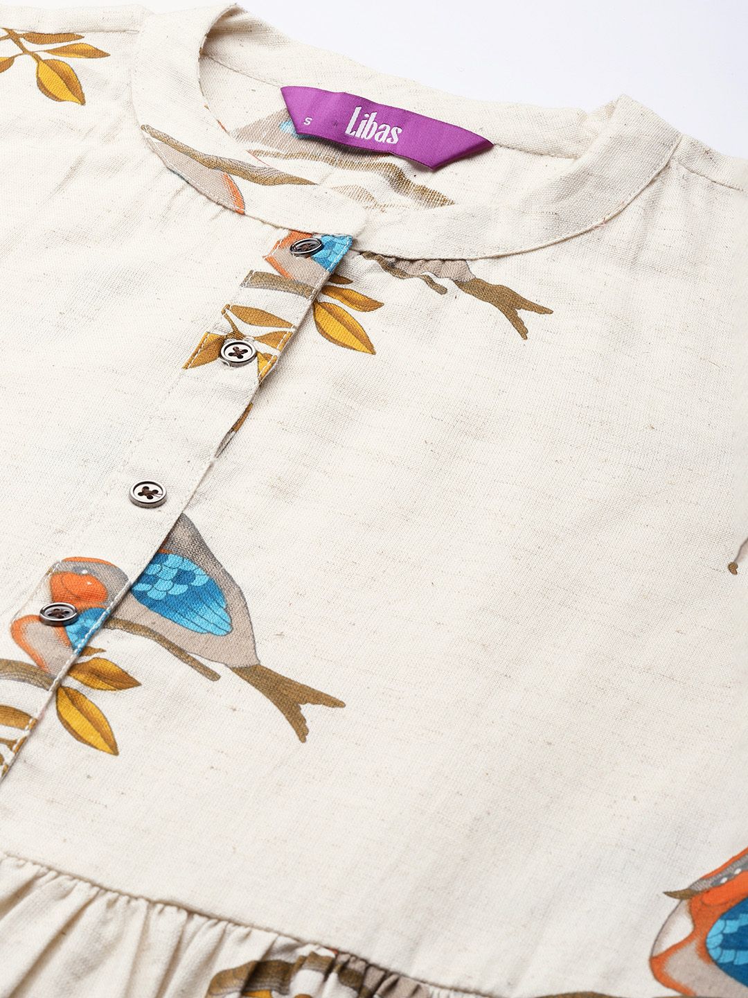 Libas Off White & Blue Bird Print Cotton Midi Fit and Flare Dress