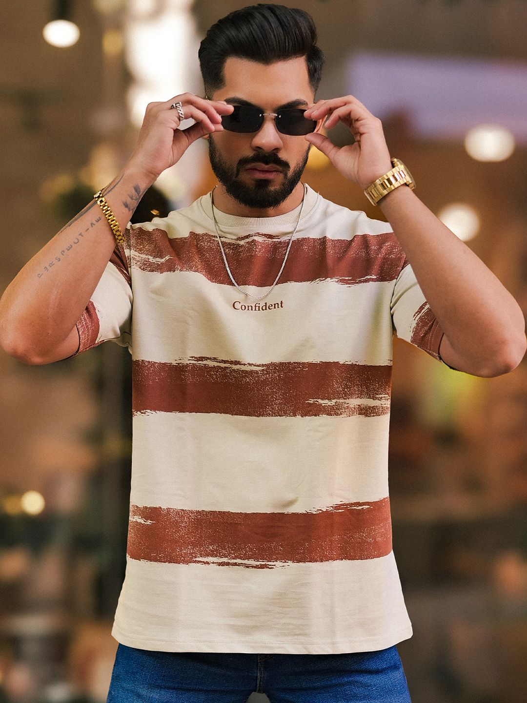 Maniac Men Striped Round Neck Cotton Oversized T-shirt