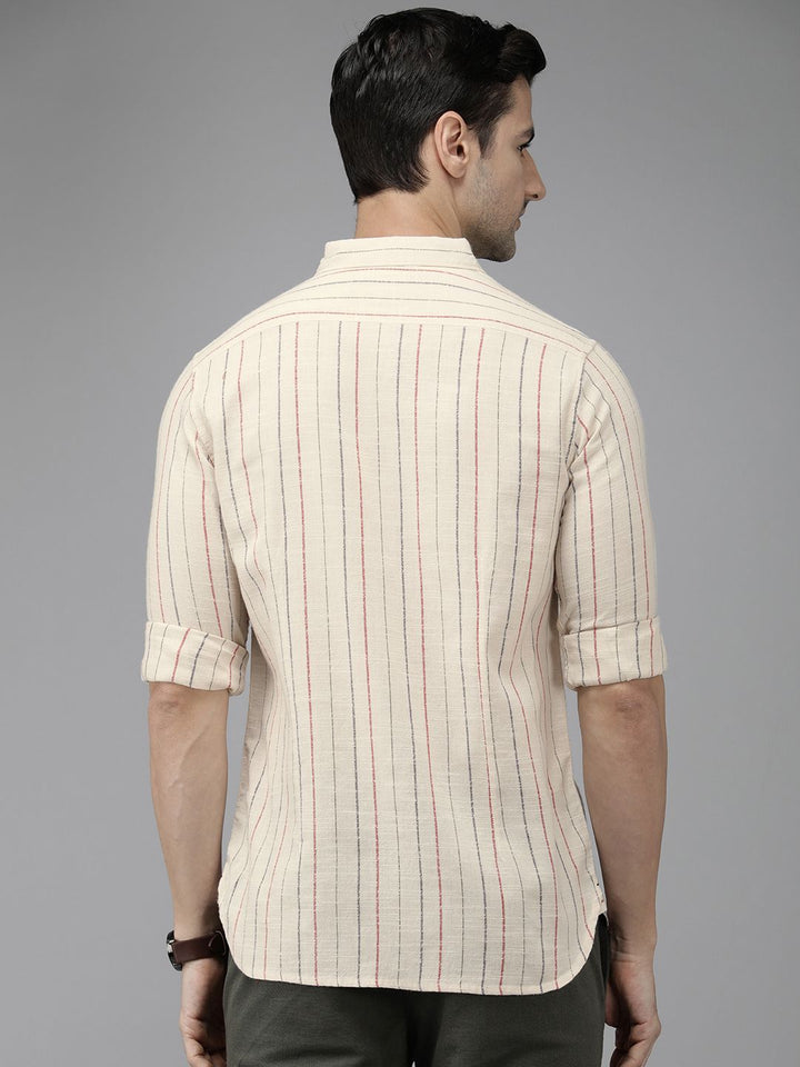 THE BEAR HOUSE Men Beige Linen Cotton Slim Fit Striped Casual Shirt