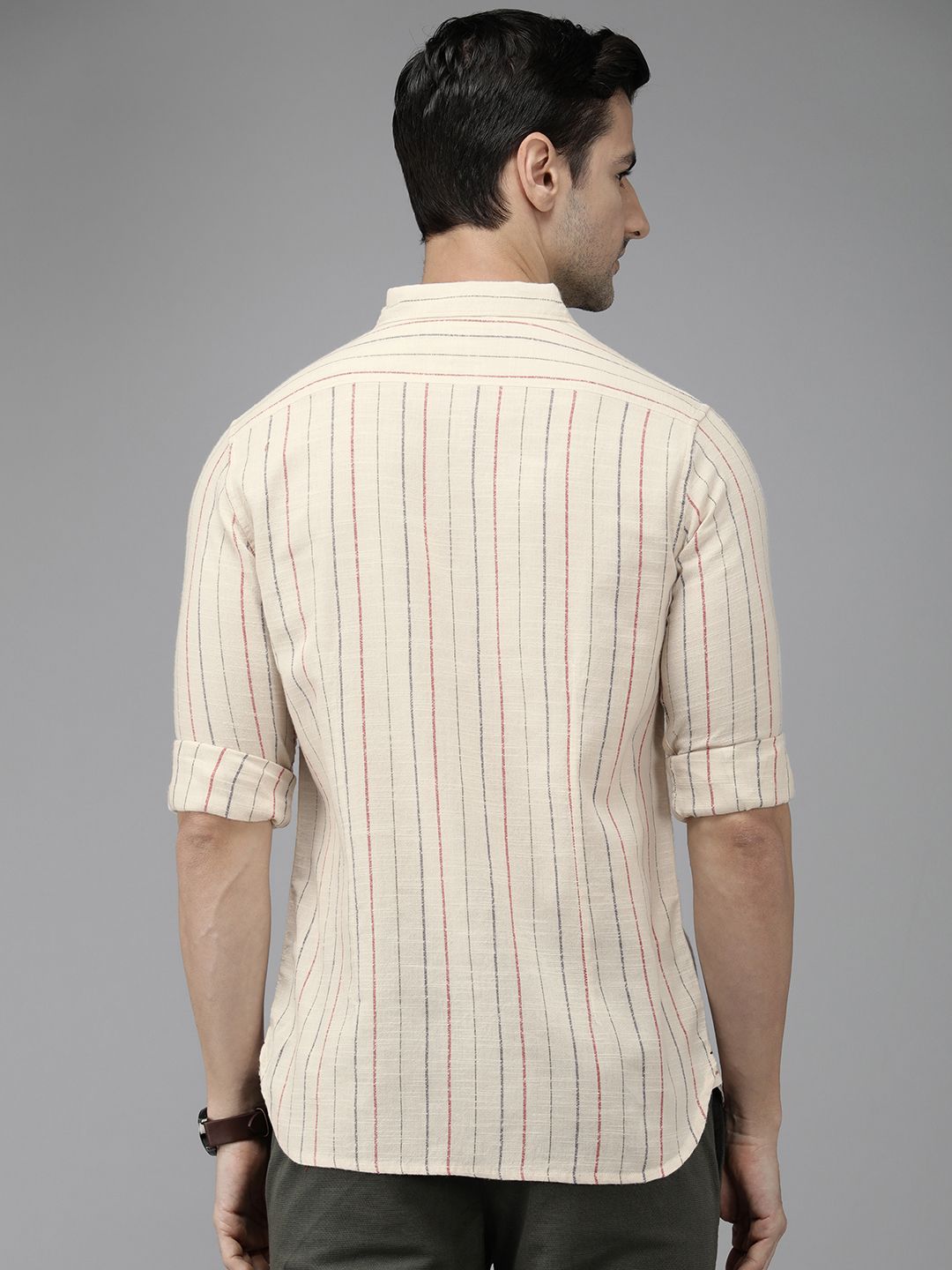 THE BEAR HOUSE Men Beige Linen Cotton Slim Fit Striped Casual Shirt