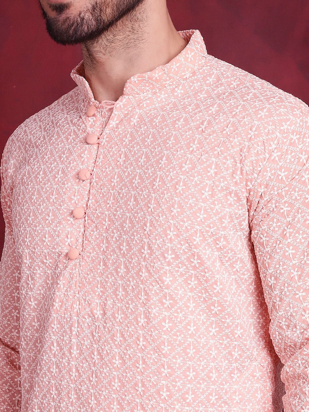Jompers Floral Embroidered Chikankari Mandarin Collar Pure Cotton Kurta With Churidar