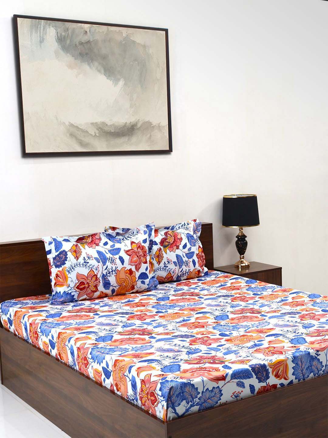 BOMBAY DYEING Cardinal Blue & White Floral 120 TC Cotton Queen Bedsheet-2.24 m X 2.54 m