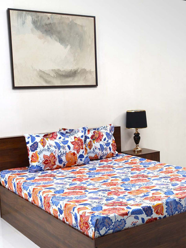 BOMBAY DYEING Cardinal Blue & White Floral 120 TC Cotton Queen Bedsheet-2.24 m X 2.54 m