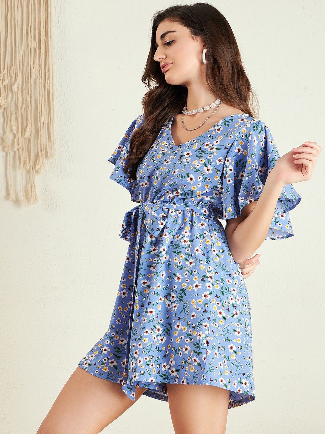 Berrylush Blue Floral Printed V-Neck Flared Sleeves Playsuit With Belt
