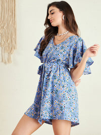 Berrylush Blue Floral Printed V-Neck Flared Sleeves Playsuit With Belt