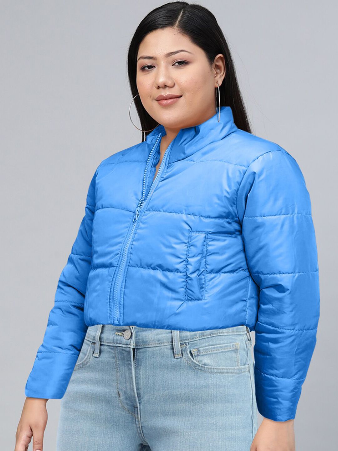 Tokyo Talkies Blue Stand Collar Crop Puffer Jacket