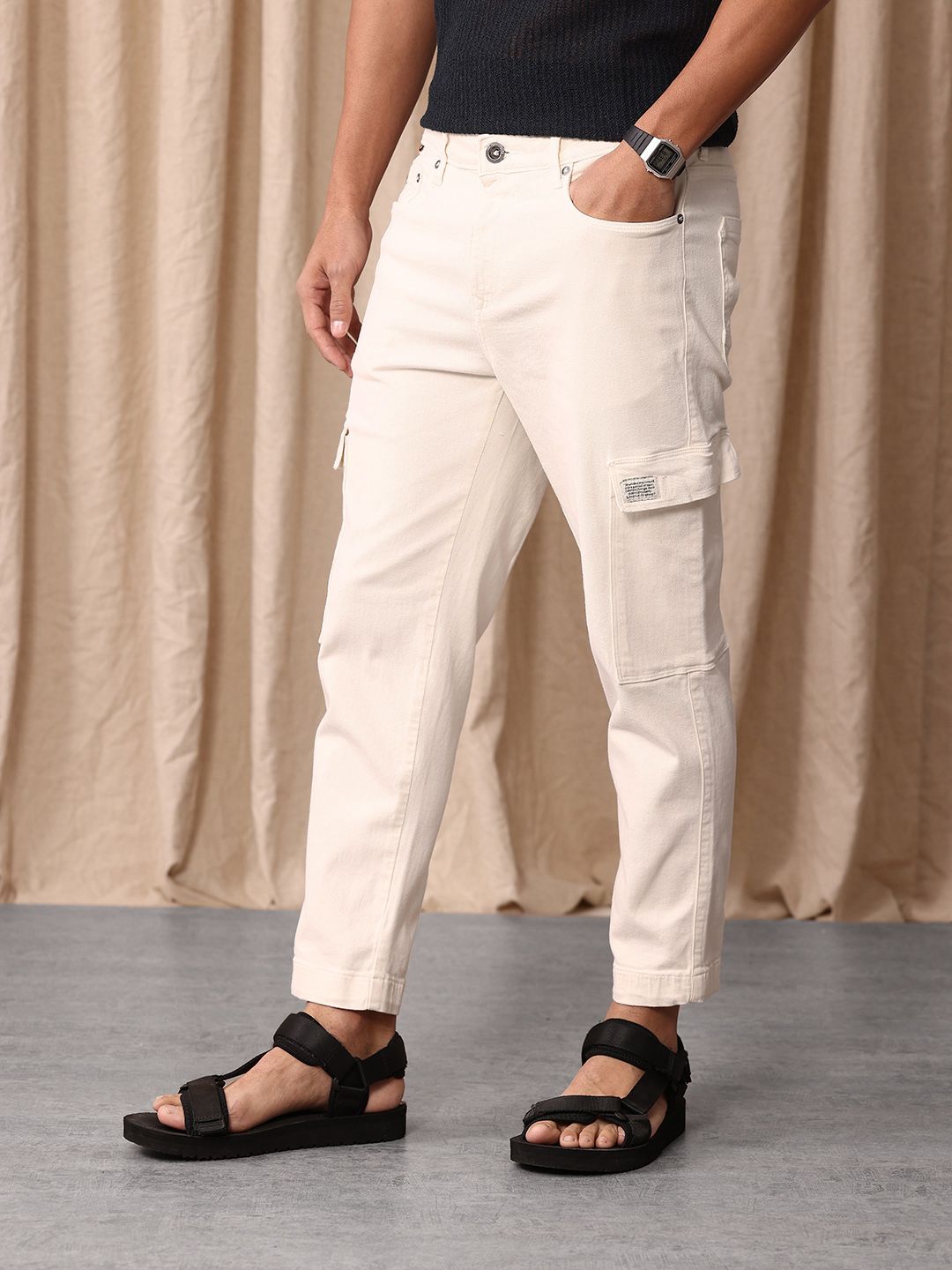 Mr Bowerbird Men Cropped Tapered Fit Light Fade Cargo Style Stretchable Jeans