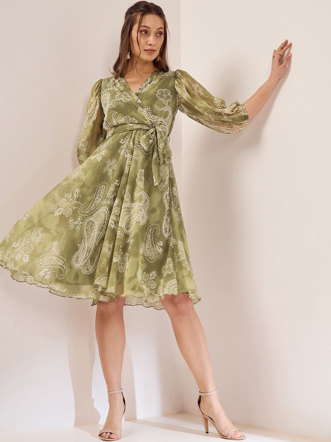 Antheaa Olive Green Floral Printed V-Neck Puff Sleeve Chiffon Wrap Dress