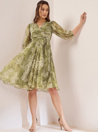 Antheaa Olive Green Floral Printed V-Neck Puff Sleeve Chiffon Wrap Dress