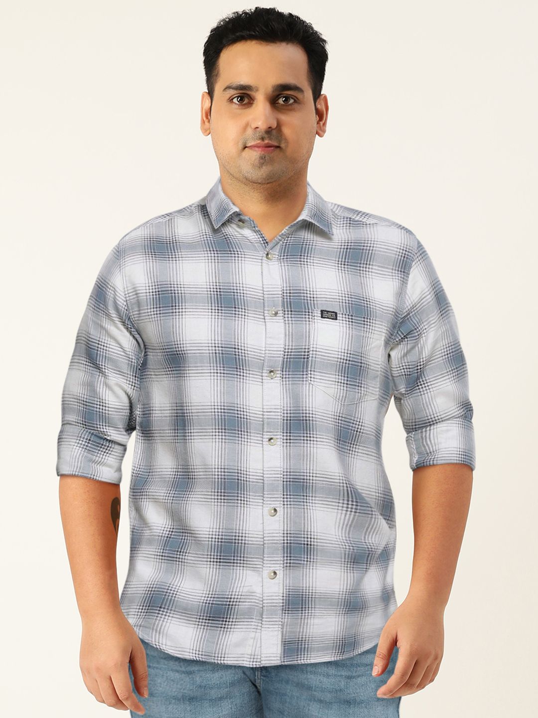 The Indian Garage Co Men Cream-Coloured Tartan Checked Casual Shirt