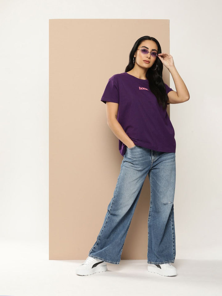 Difference of Opinion Women Typography Printed Embossed Oversized T-shirt