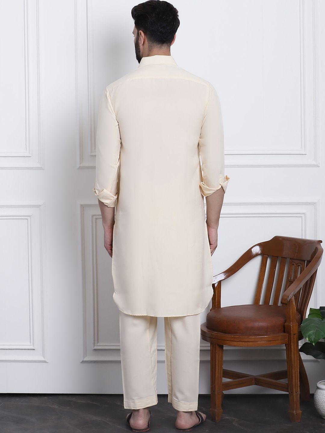 SOJANYA Shirt Collar Curved Hem Pathani Kurta with Salwar