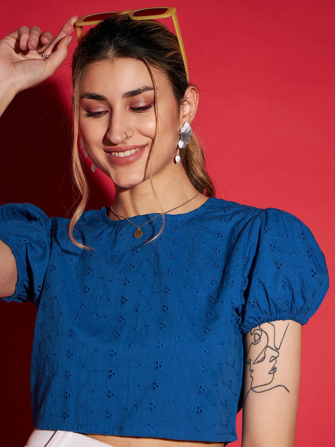 SASSAFRAS Puff Sleeve Cotton Schiffli Crop Top