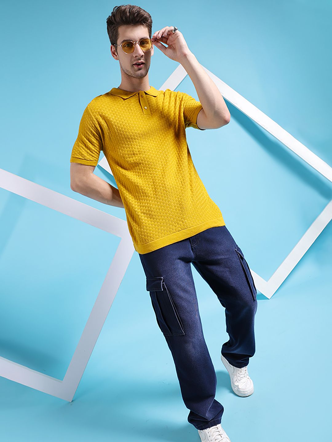 The Indian Garage Co Self Design Polo Collar Acrylic Pullover Sweater