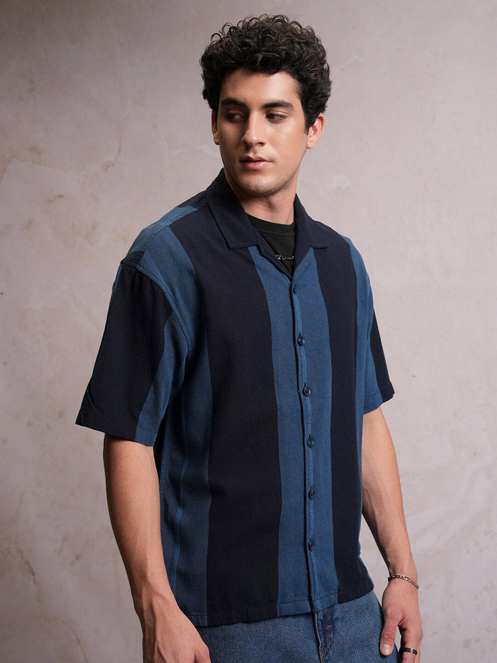 Locomotive Men Navy Dobby Textured Striper Camp Collar Oversized Shirt