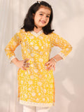 VASTRAMAY Girls Floral Printed Gotta Patti Cotton Straight Kurta