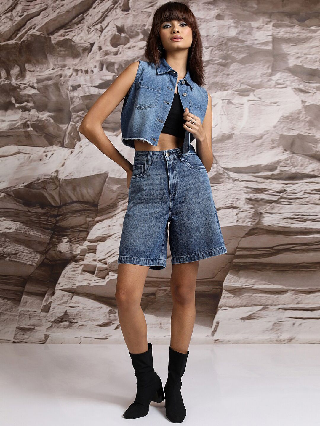 Tokyo Talkies Women Blue High Rise Cotton Denim Shorts