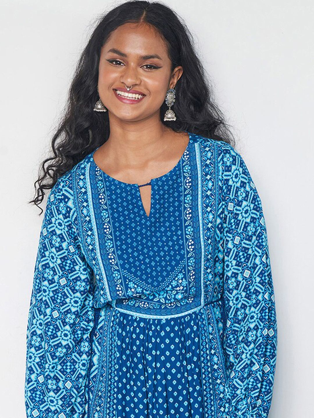 Global Desi Ethnic Motifs Printed Keyhole Neck Maxi Ethnic Dress