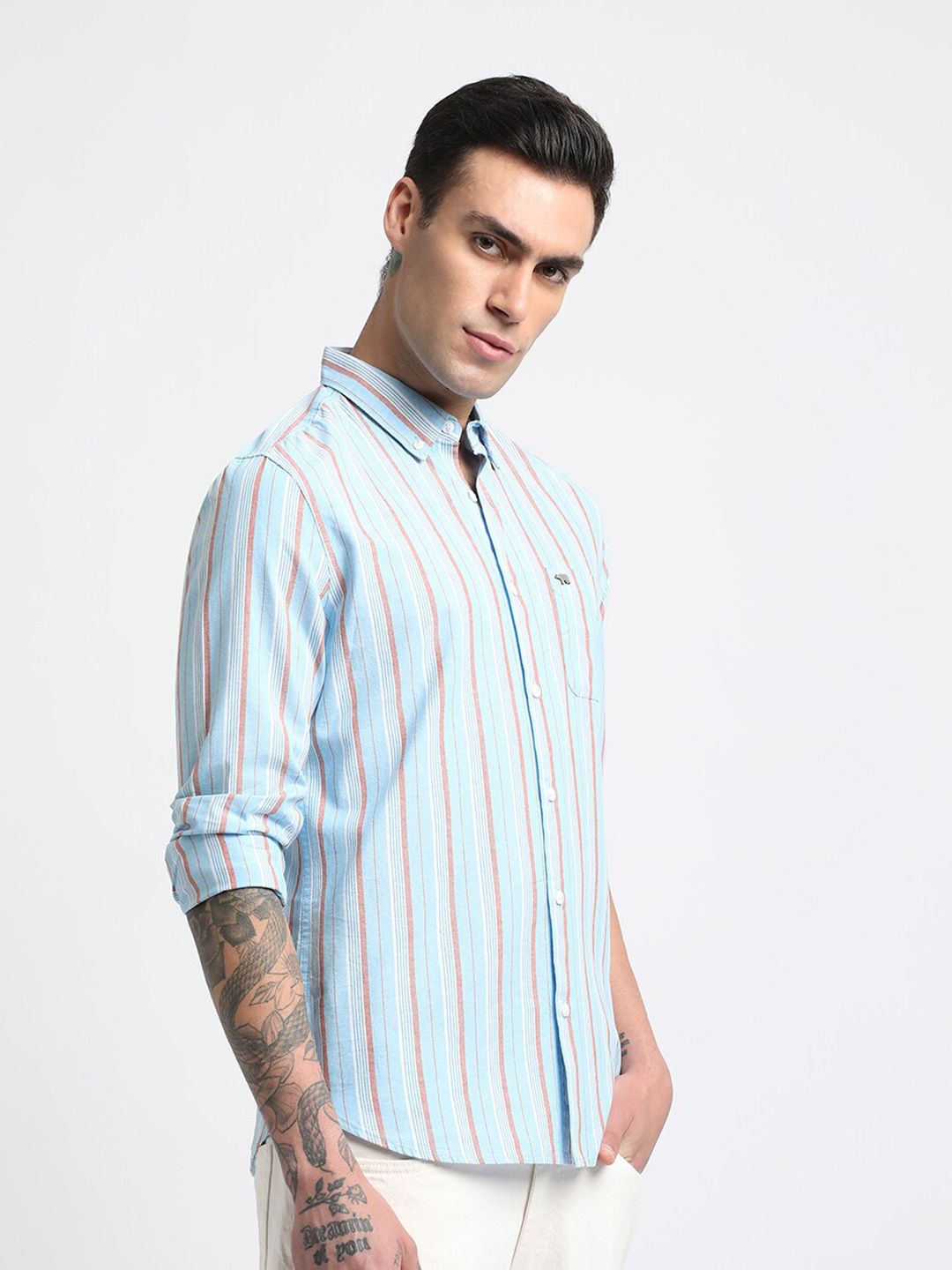 THE BEAR HOUSE Slim Fit Striped Spread Collar Cotton Casual Shirt