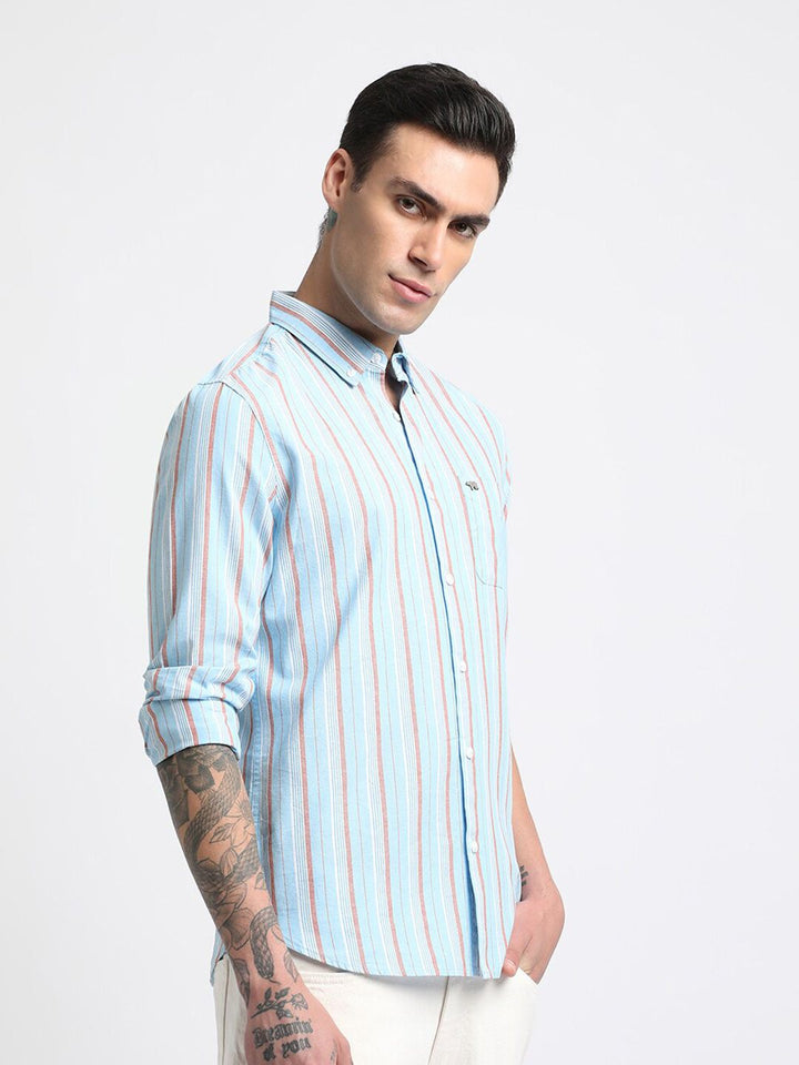 THE BEAR HOUSE Slim Fit Striped Spread Collar Cotton Casual Shirt