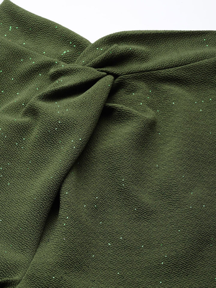 SASSAFRAS Women Olive Green Solid Slim Fit Shimmer Twisted Bootcut Trousers