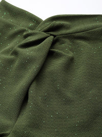 SASSAFRAS Women Olive Green Solid Slim Fit Shimmer Twisted Bootcut Trousers