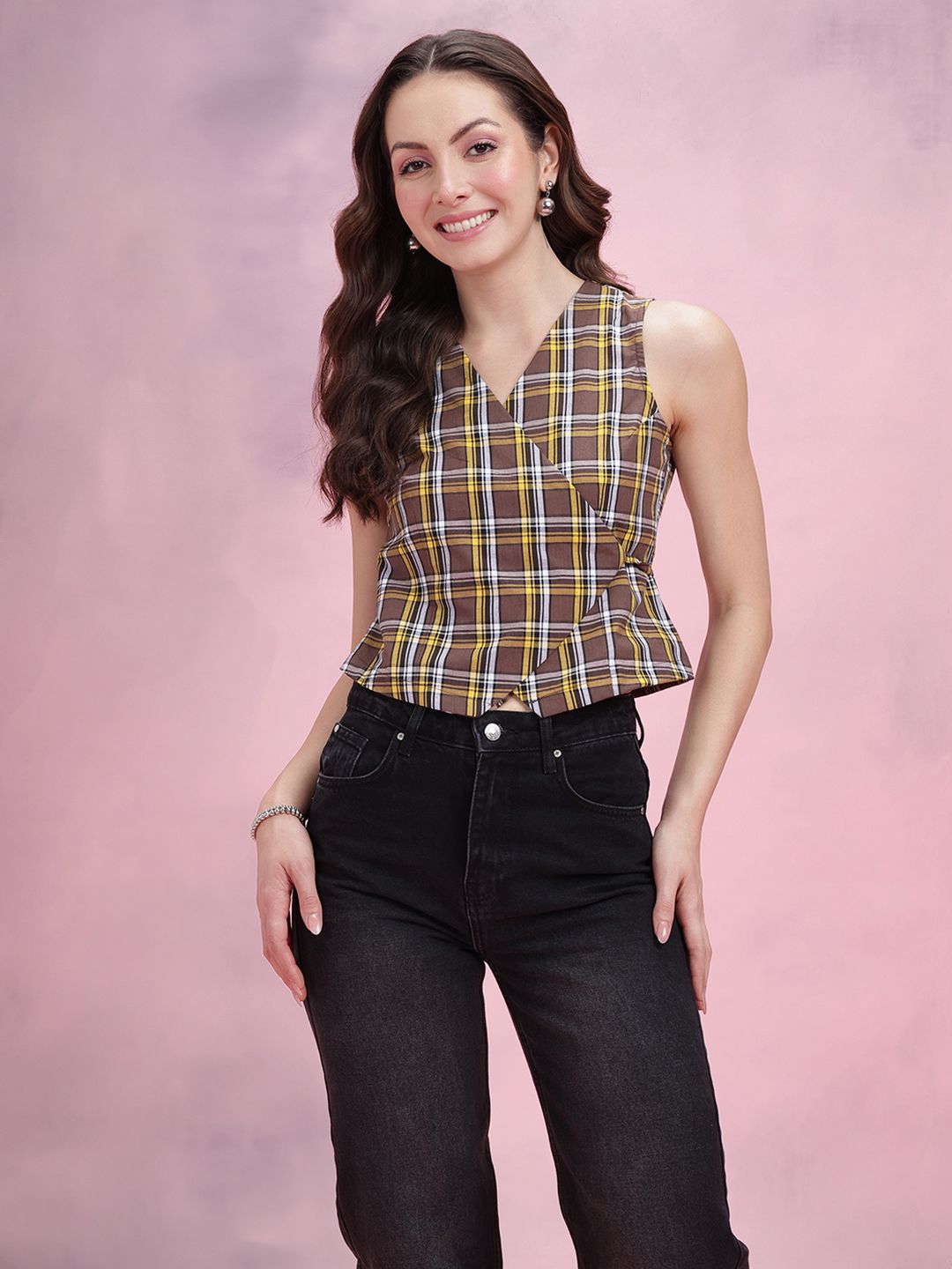 DressBerry Checked Wrap Top With Waist Tie-Ups