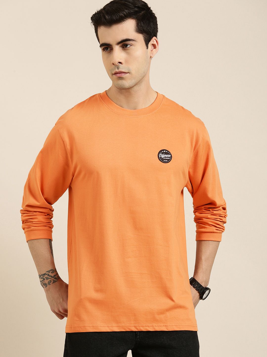 Difference of Opinion Men Coral Orange Printed Pure Cotton Loose Longline T-shirt