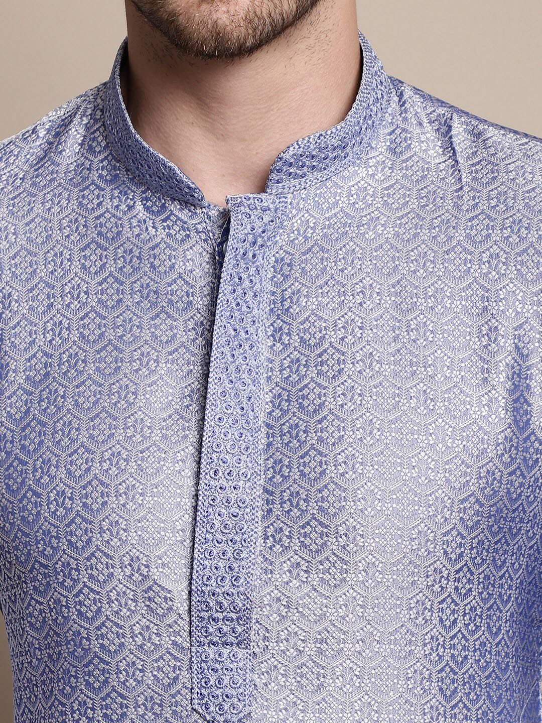 Anouk Blue & White Ethnic Motifs Woven Design Mandarin Collar Kurta with Pyjamas