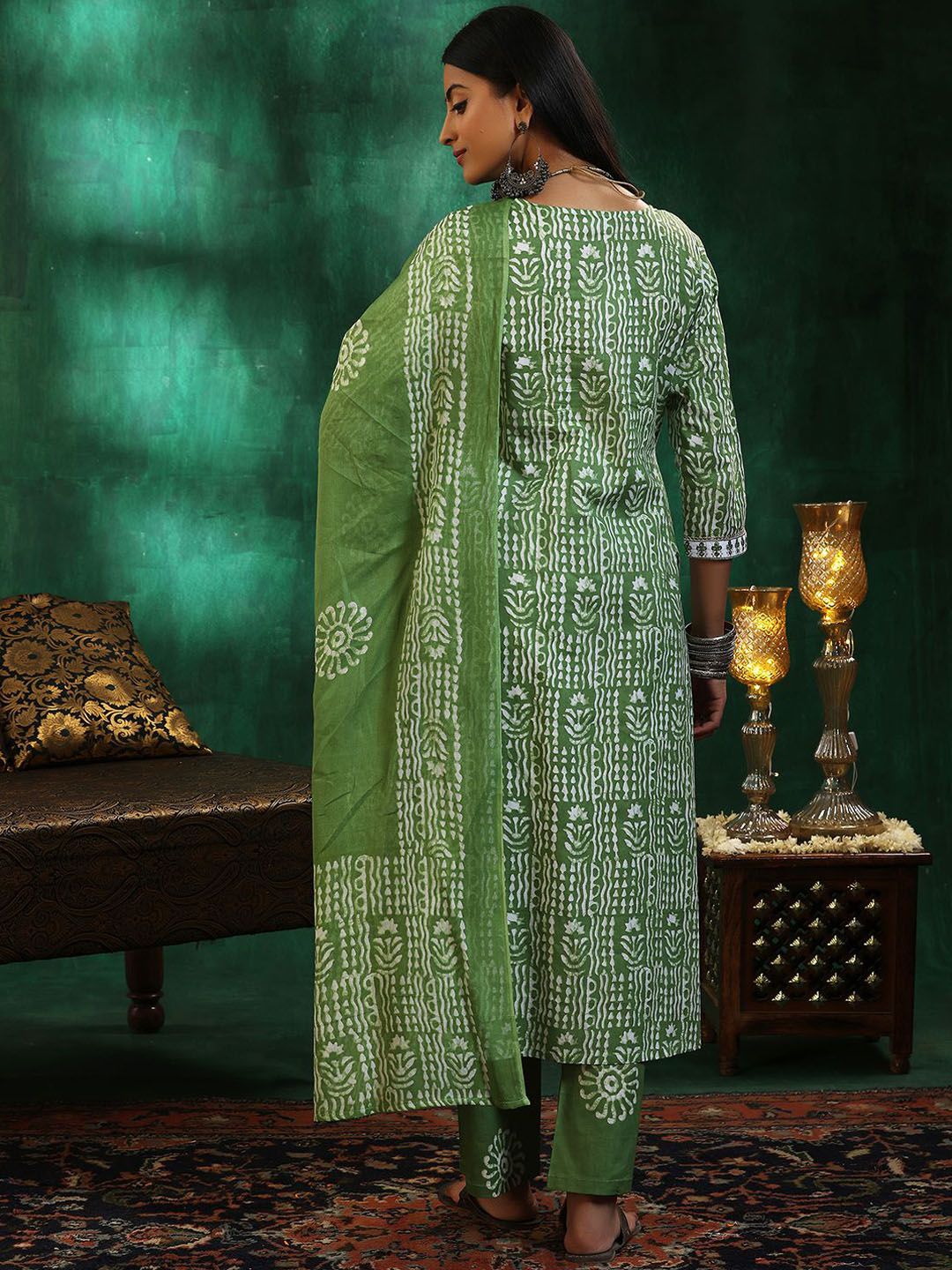 Libas Floral Printed Beads and Stones Pure Cotton A Line Kurta with Trousers & Dupatta