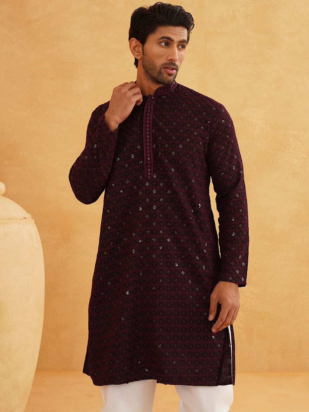 SOJANYA Geometric Embroidered Regular Sequinned Pure Cotton Kurta With Churidar