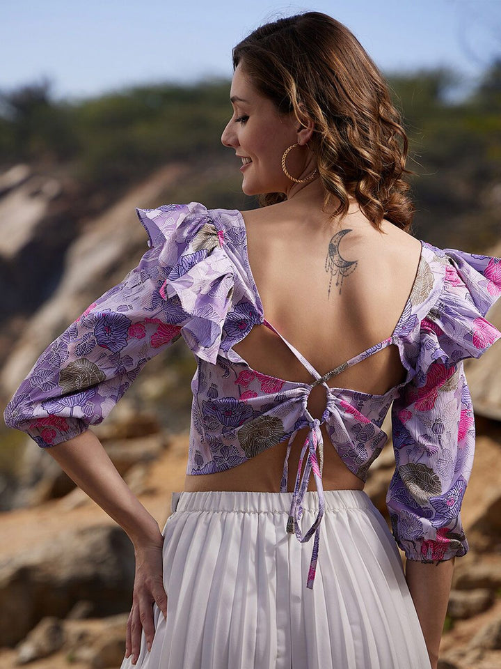 Athena Floral Printed Puff Sleeves Ruffles Detail Crop Top