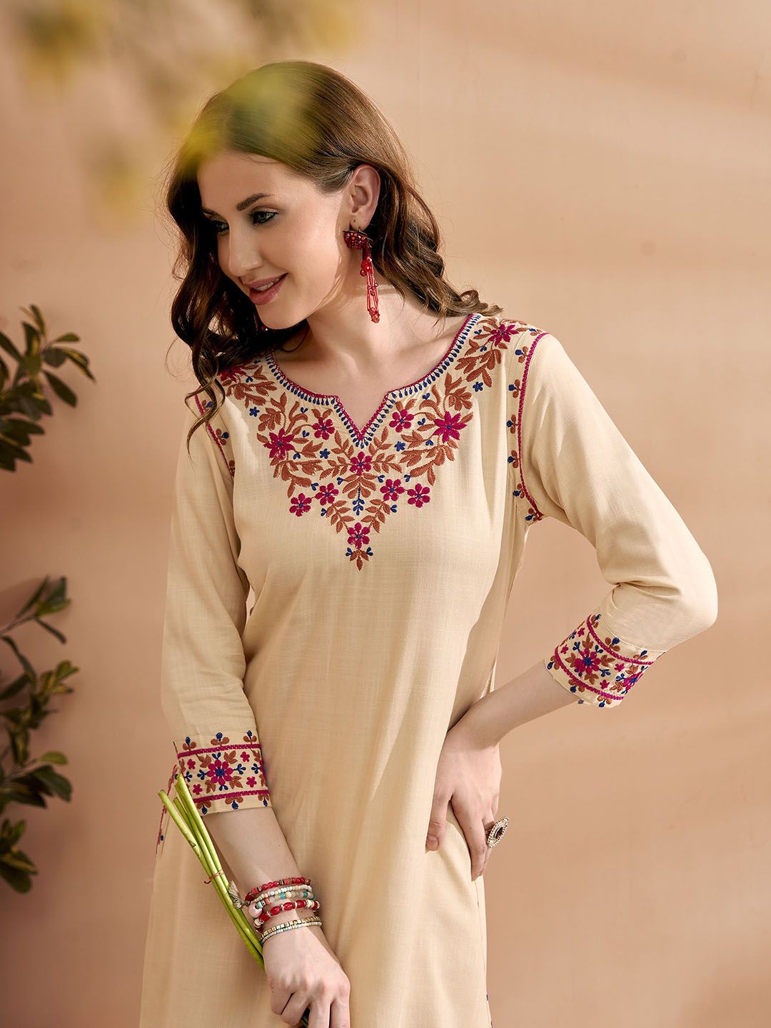 Anouk Embroidered Three Quarter Sleeves Kurta With Trousers Set