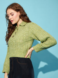 STREET 9 Green Cable Knit Spread Collar Acrylic Crop Pullover Sweater
