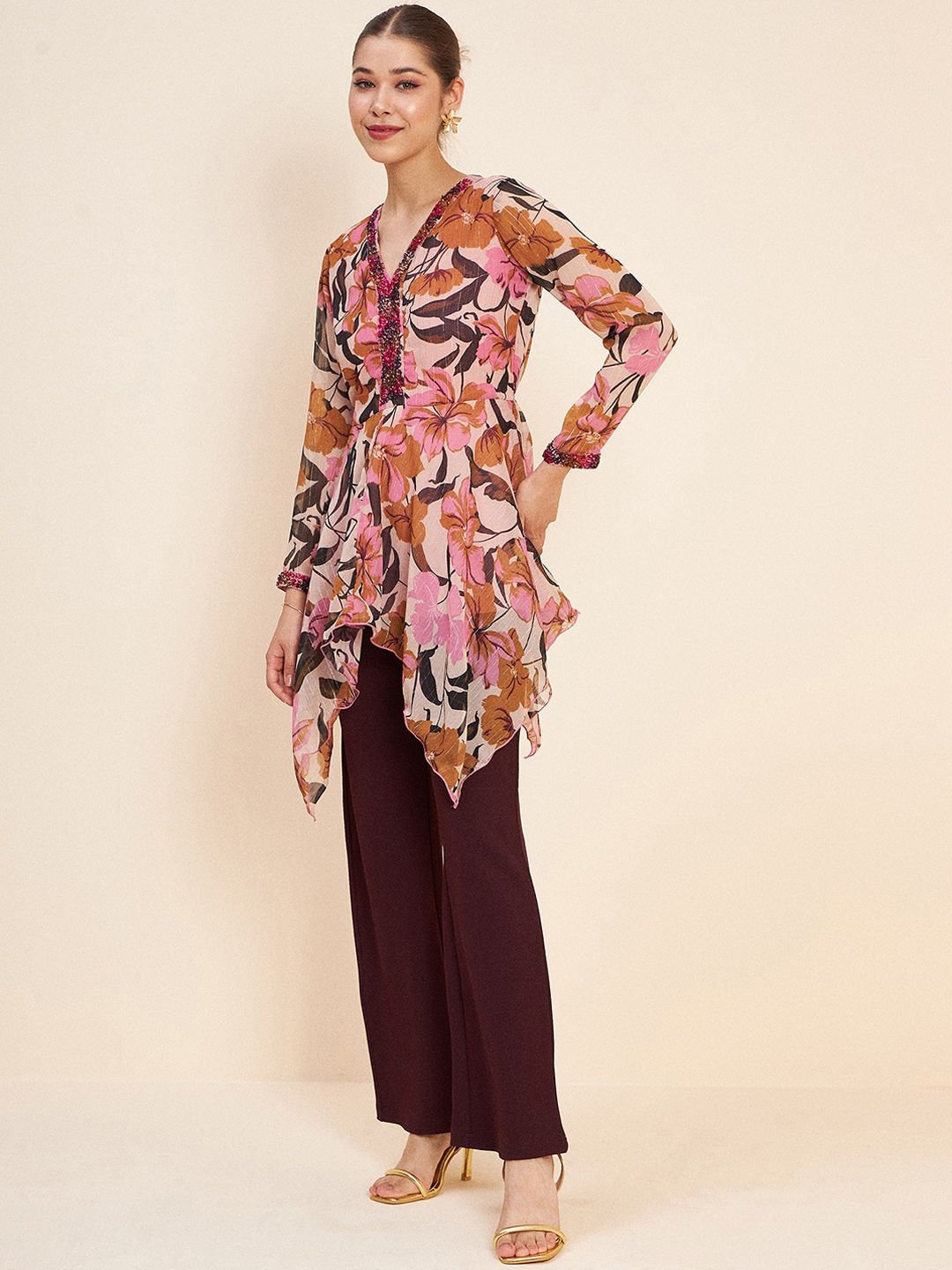 Antheaa Pink & Brown Printed Embellished Top & Trousers