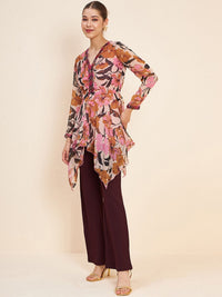Antheaa Pink & Brown Printed Embellished Top & Trousers