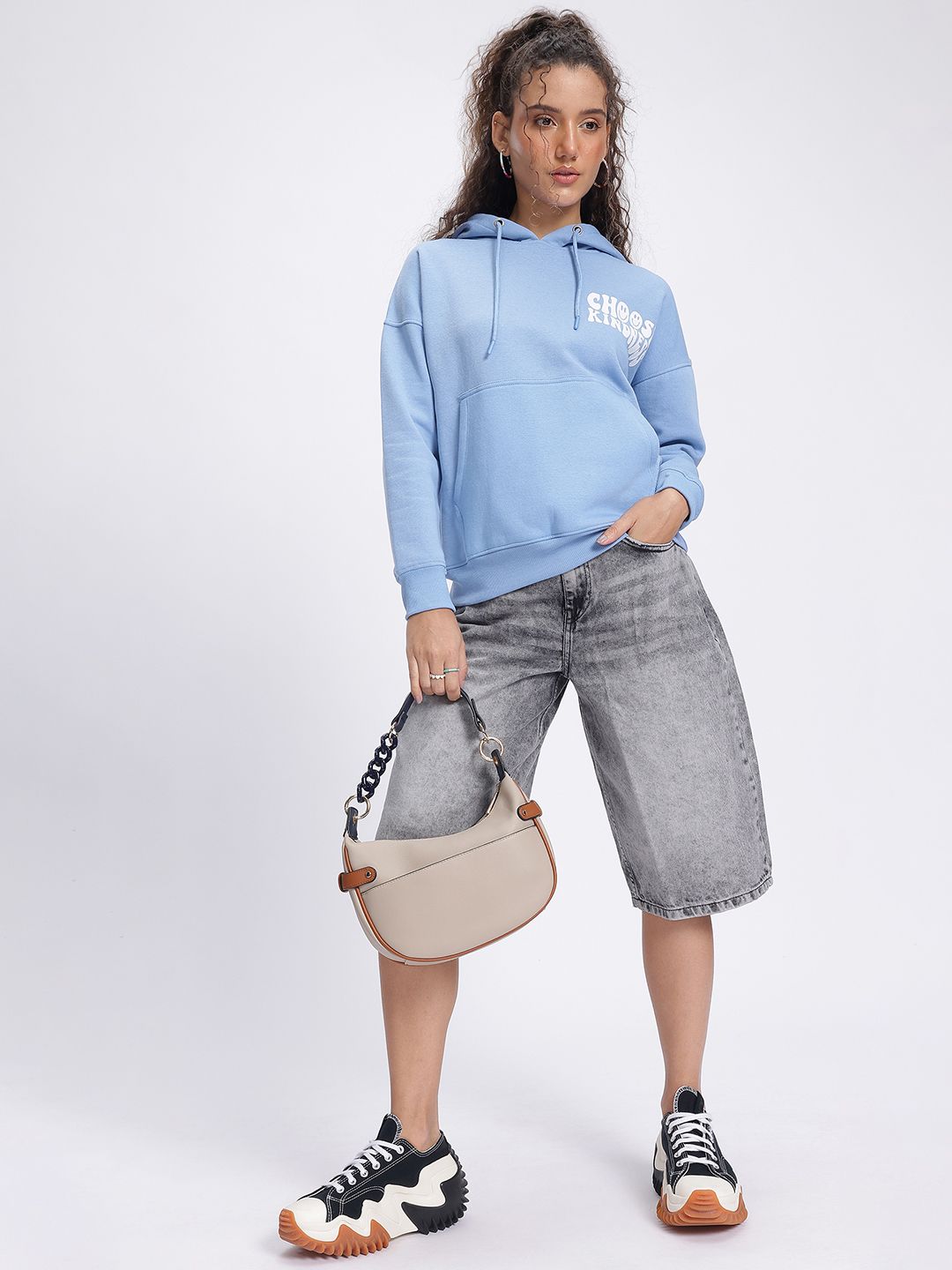 DressBerry Minimalist Message Typo Print Drop-Shoulder Hooded Sweatshirt