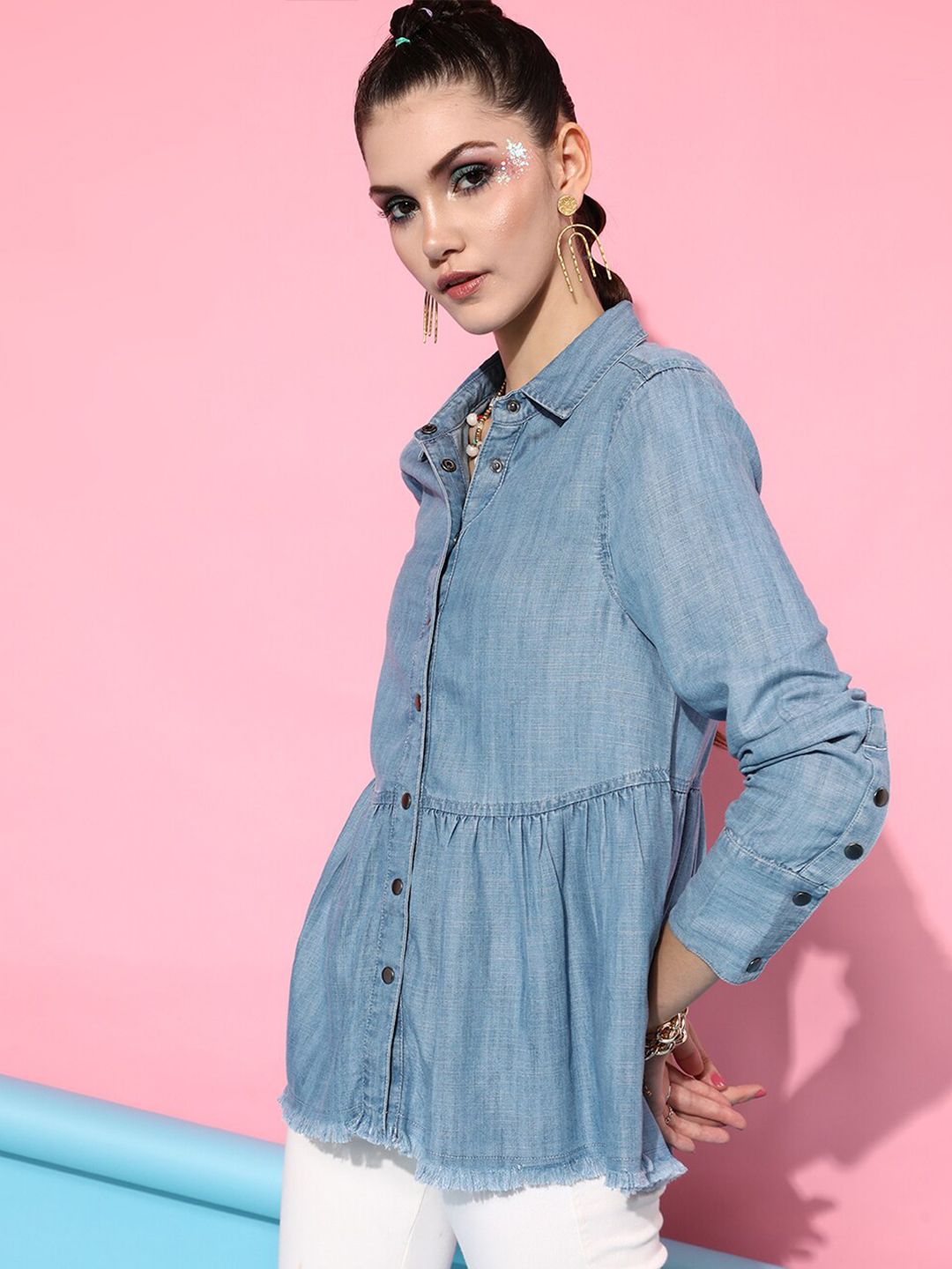 STREET 9 Women Blue Classic Casual Shirt