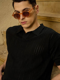 DENNISON Men Oversized Polo Neck Semi Sheer Knitted Pure Cotton T-Shirt