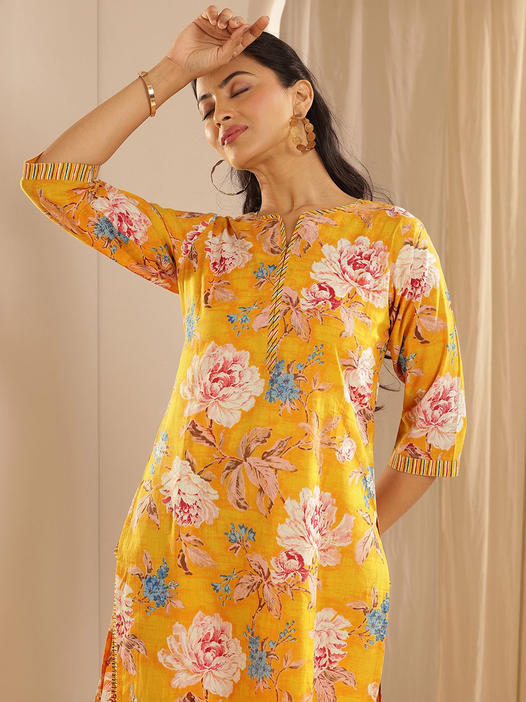 Libas Floral Printed Pure Cotton Straight Kurta With Palazzos & Dupatta