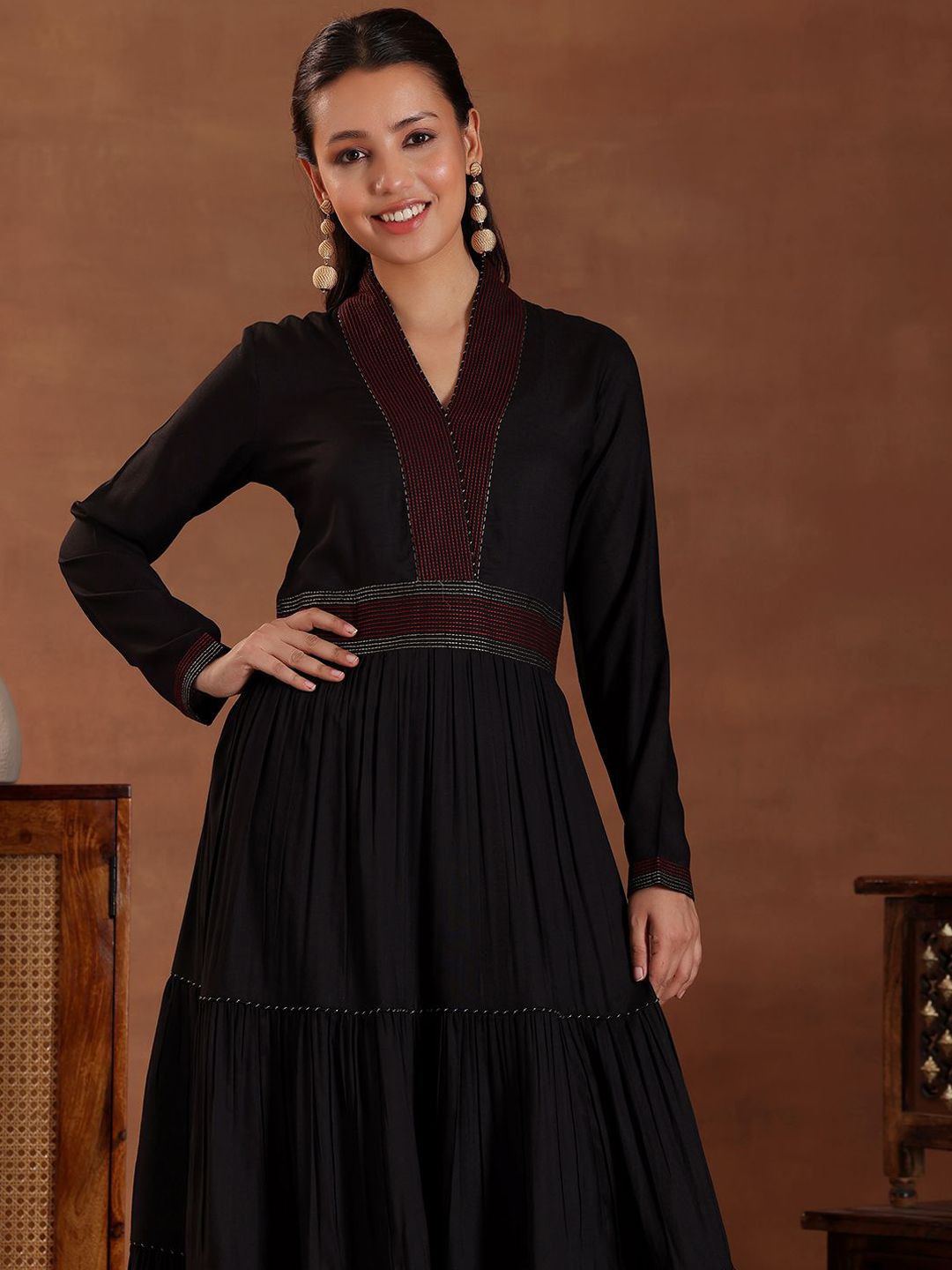 Libas Striped V-Neck Thread Work Viscose Rayon Anarkali Kurta with Trousers