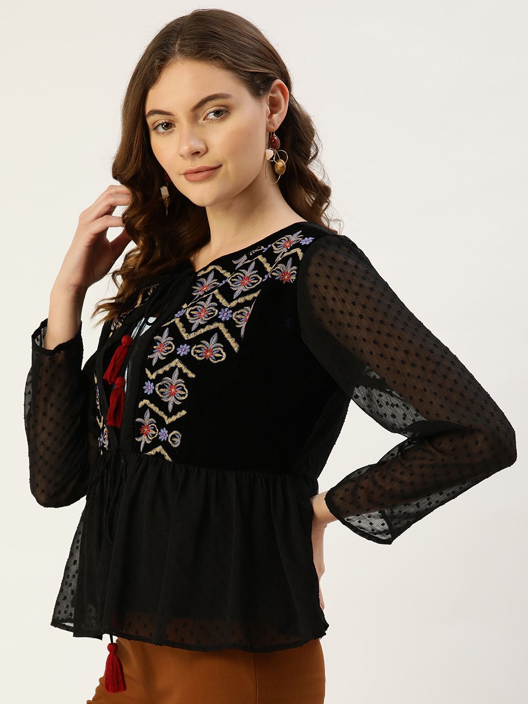 Antheaa Women Black & Blue Embroidered Tie-Up Shrug