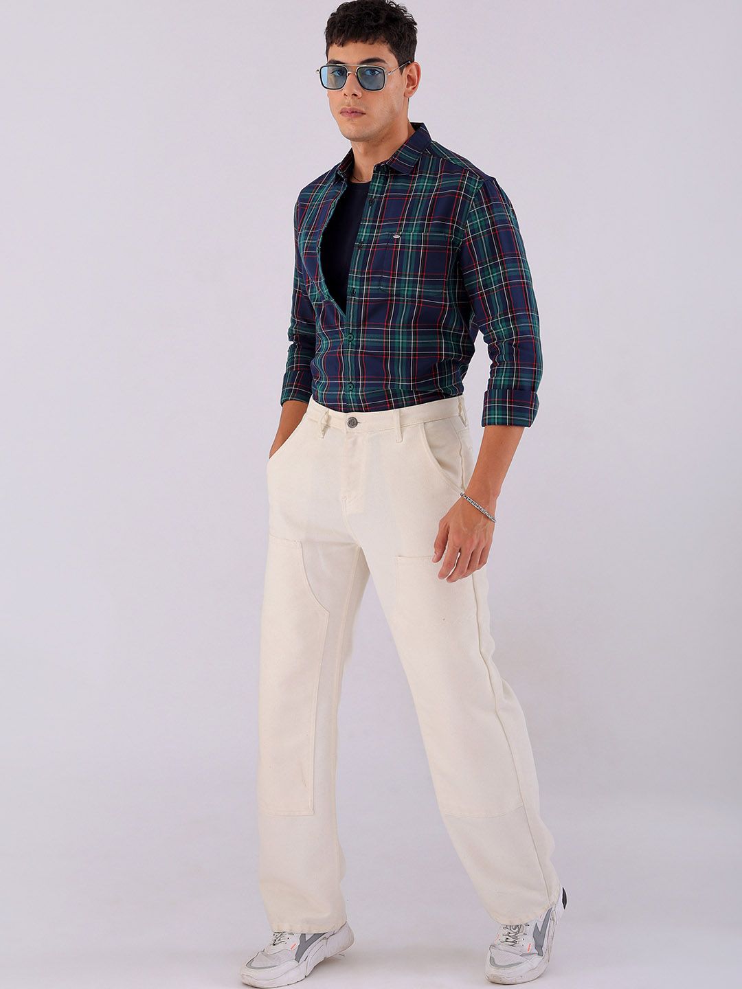 The Indian Garage Co Men Spread Collar Tartan Checked Cotton Slim Fit Casual Shirt