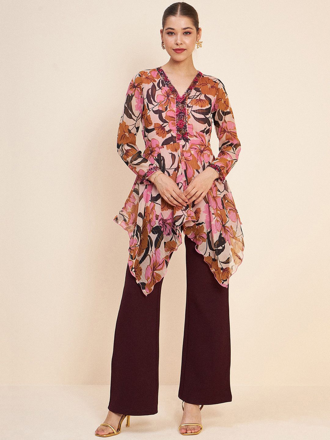 Antheaa Pink & Brown Printed Embellished Top & Trousers