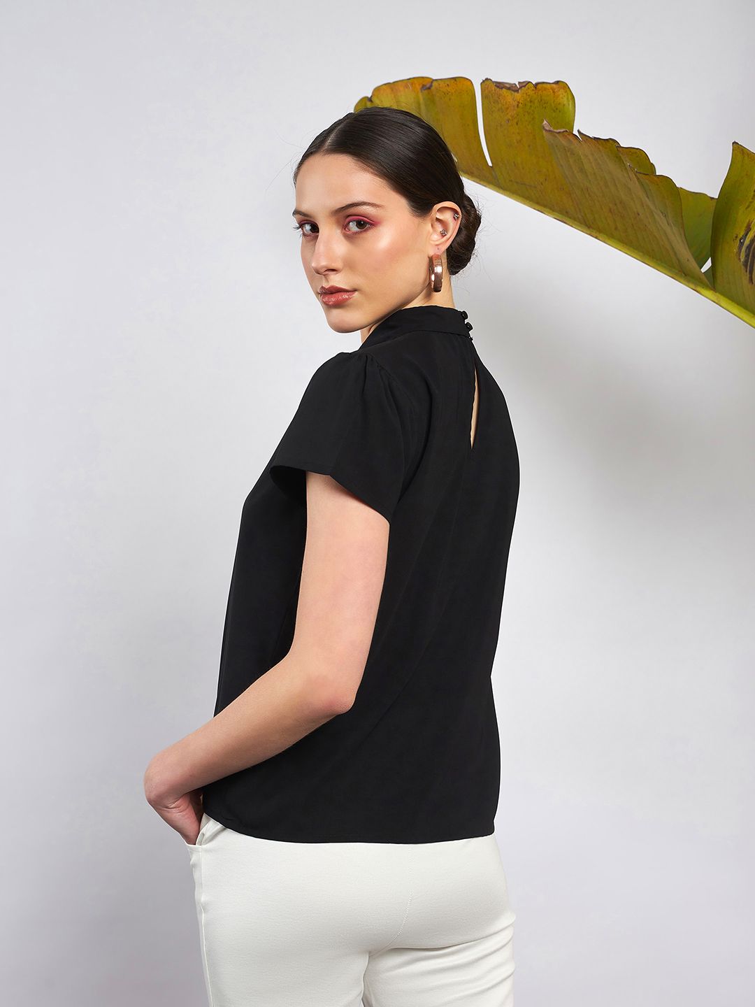 SASSAFRAS Black Shirt Collar Tie Detailed Georgette Top