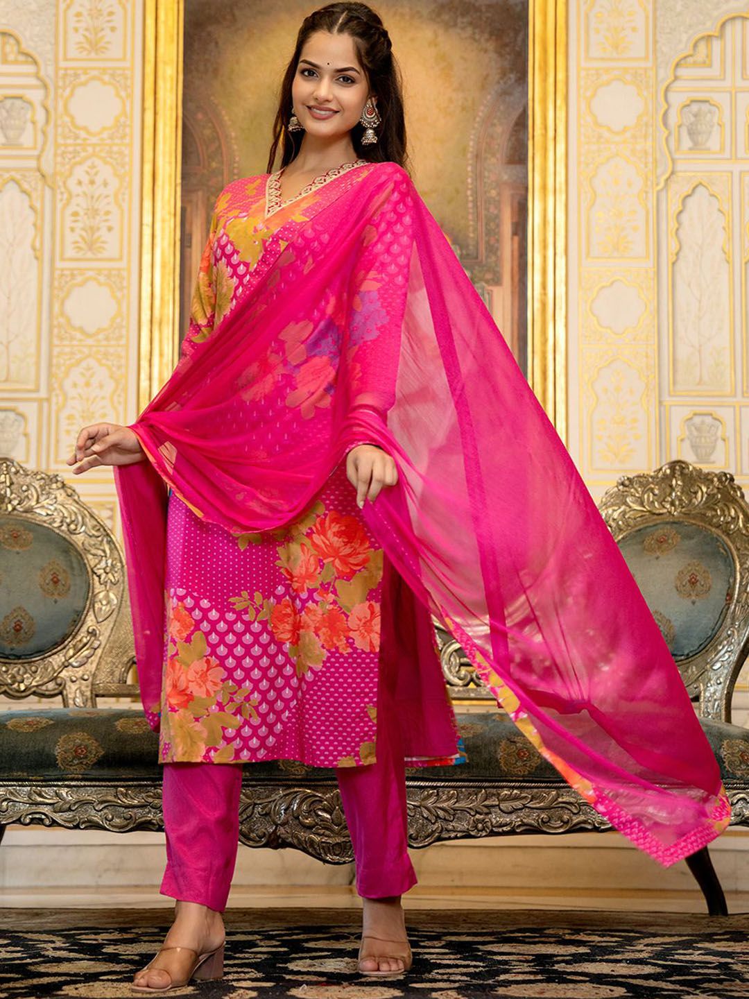 KALINI Floral Printed Straight Sequinned Kurta with Trousers & Dupatta
