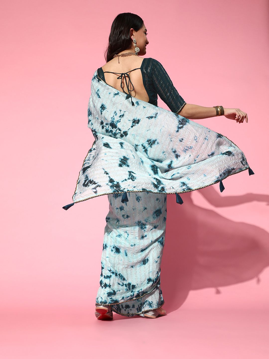 Saree mall Blue & Gold Dyed Striped & Crinkled Gotta Patti Silk Blend Sarees