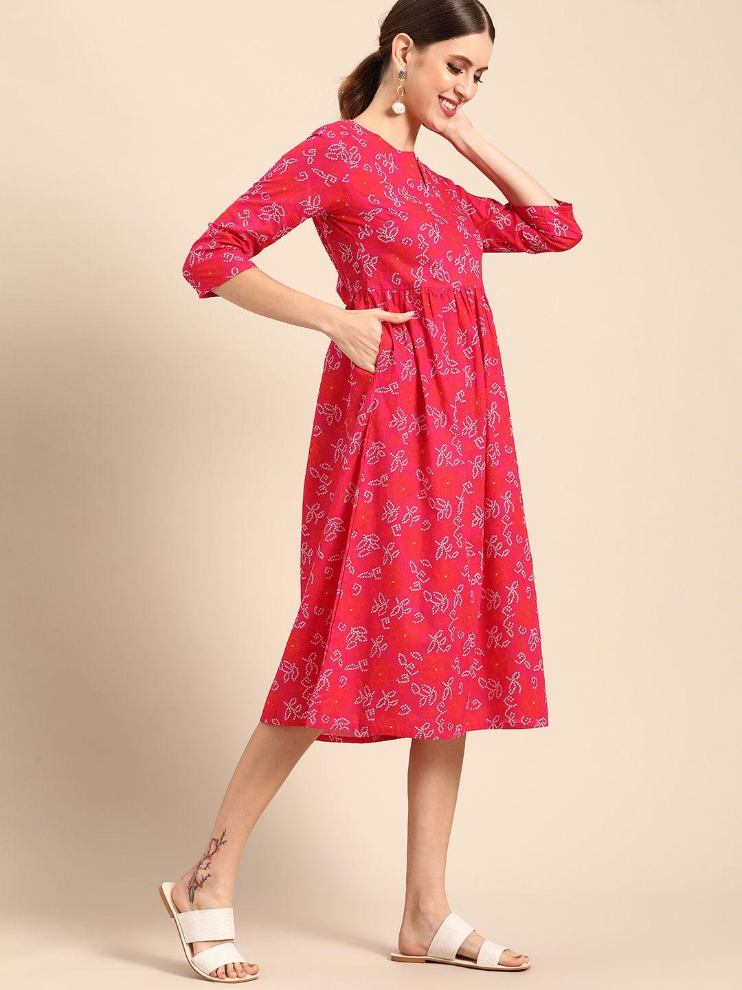Anouk Women Pink & White Ethnic Motifs Print Pure Cotton A-Line Midi Dress