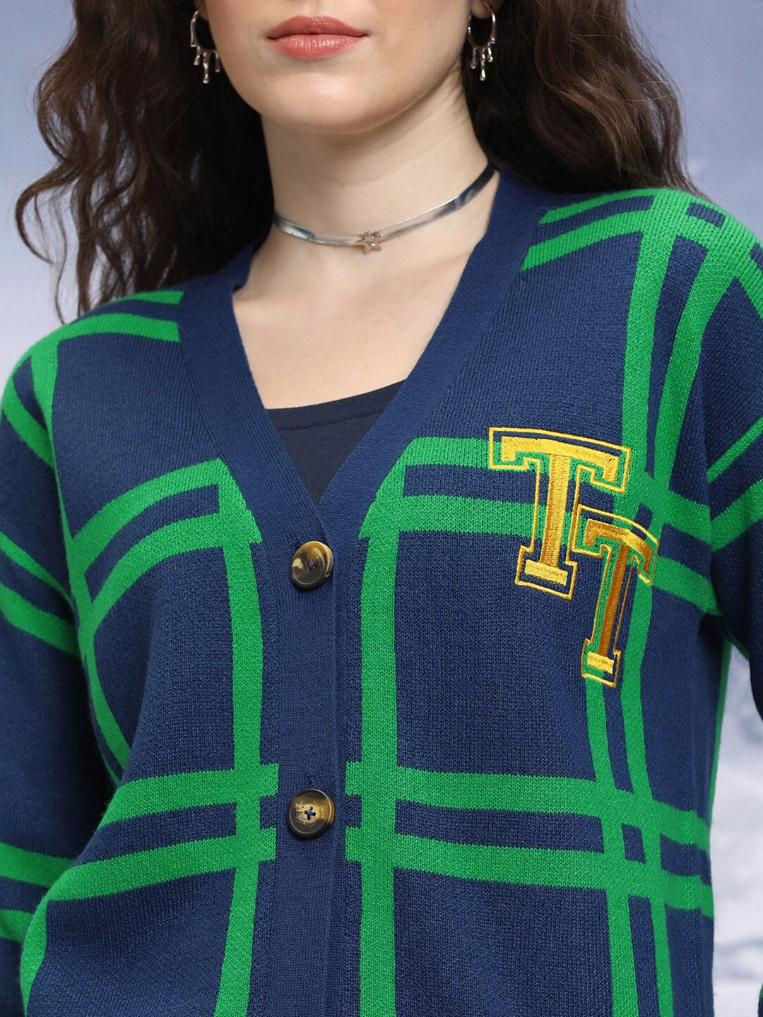 Tokyo Talkies Checked V-Neck Cardigan